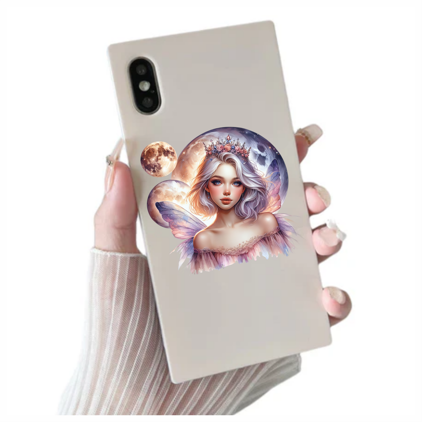 Fairy Woman Silver Hair Pink Moon Vinyl Sticker Decal