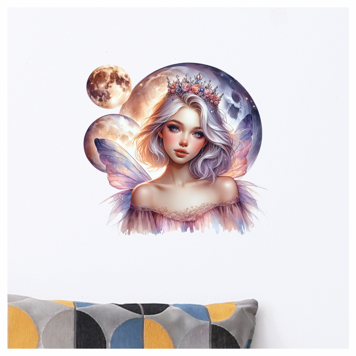 Fairy Woman Silver Hair Pink Moon Vinyl Sticker Decal