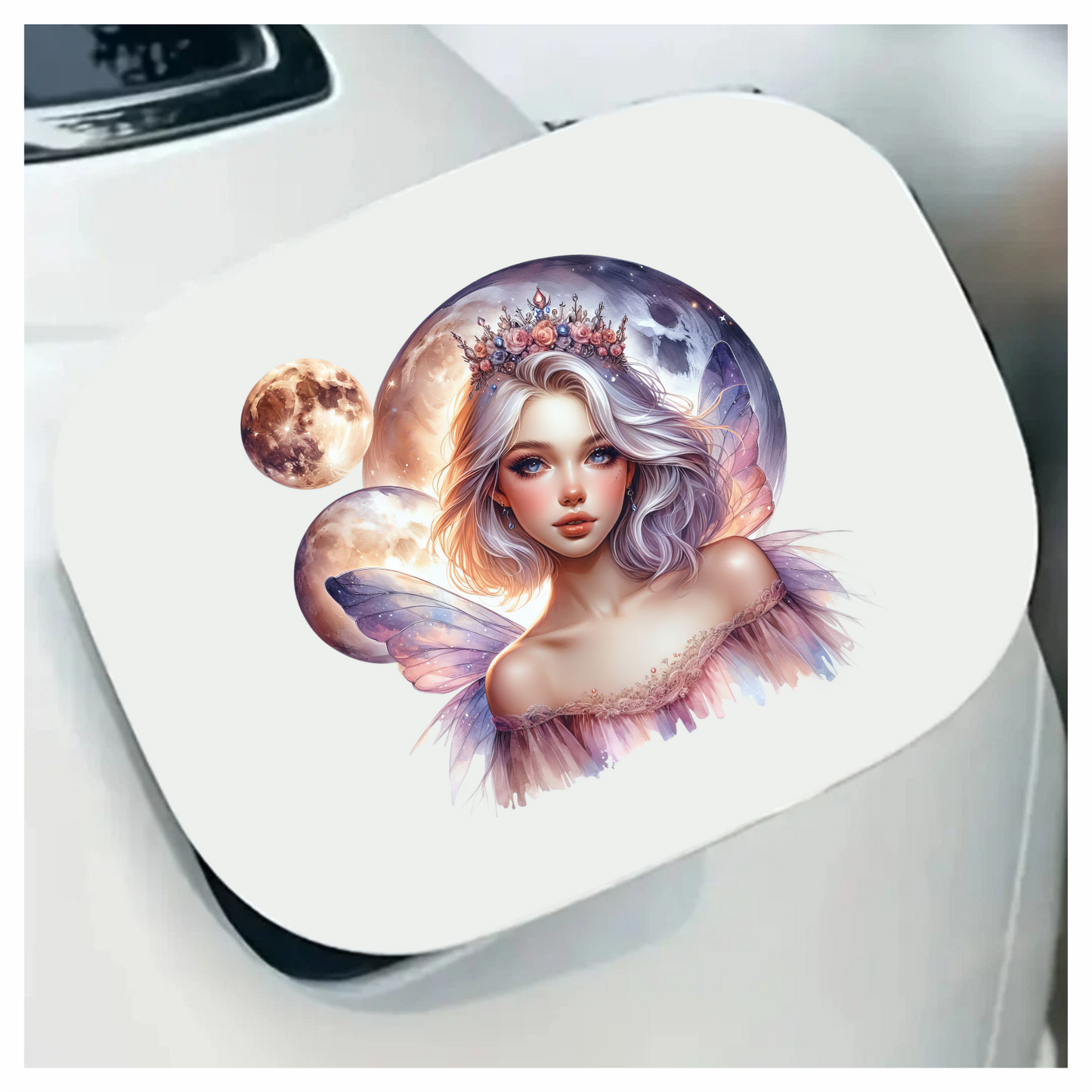 Fairy Woman Silver Hair Pink Moon Vinyl Sticker Decal