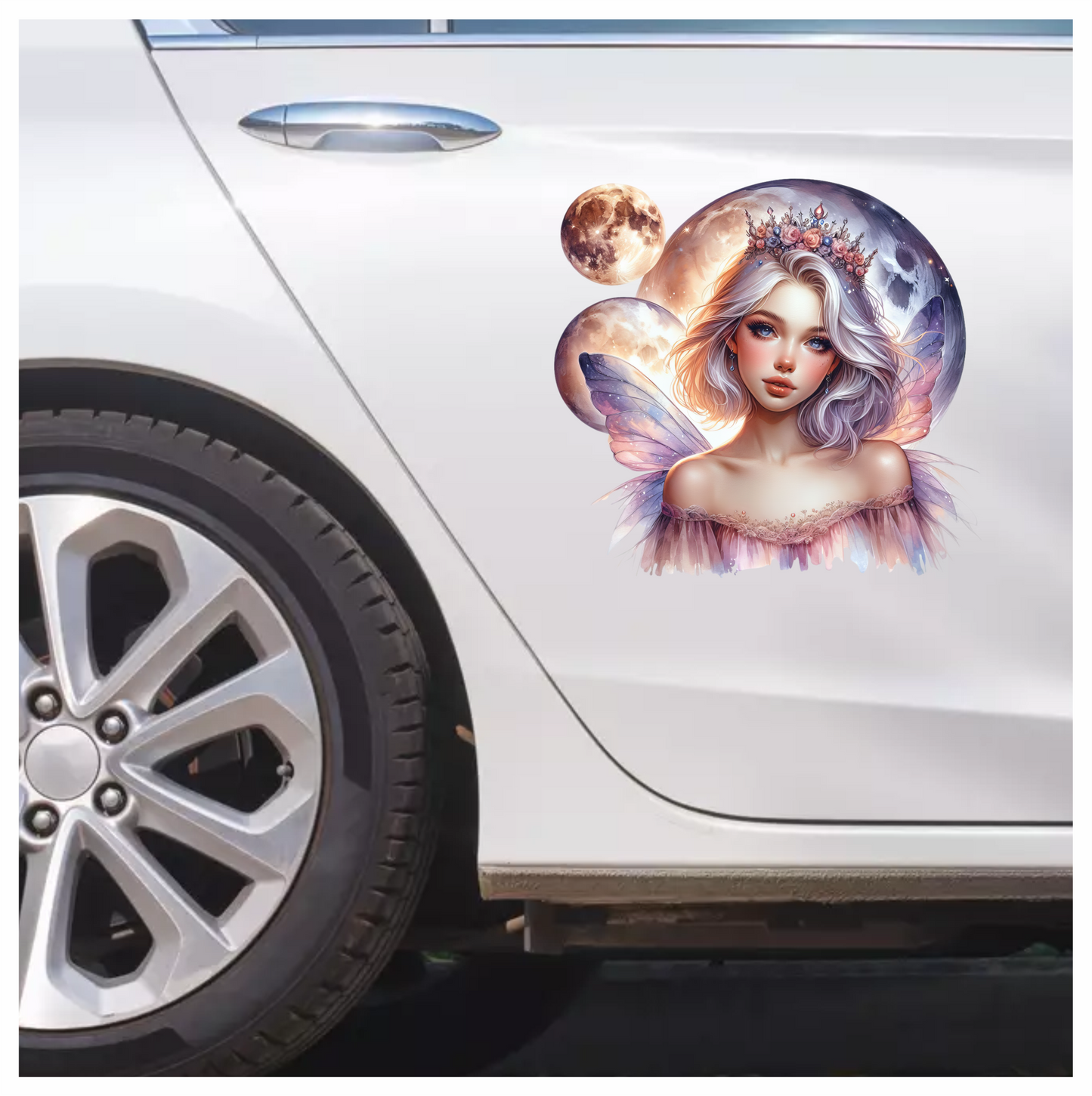 Fairy Woman Silver Hair Pink Moon Vinyl Sticker Decal