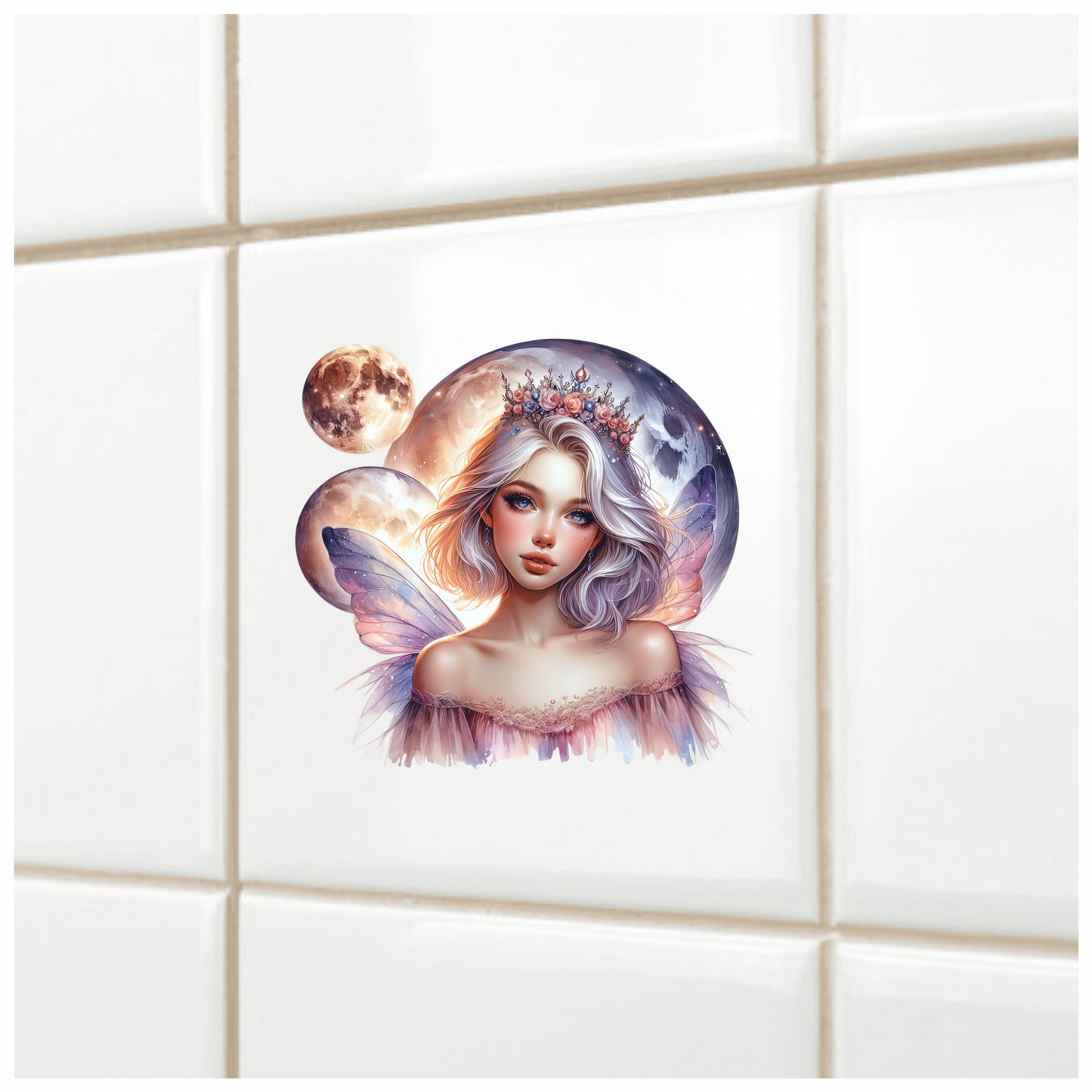 Fairy Woman Silver Hair Pink Moon Vinyl Sticker Decal
