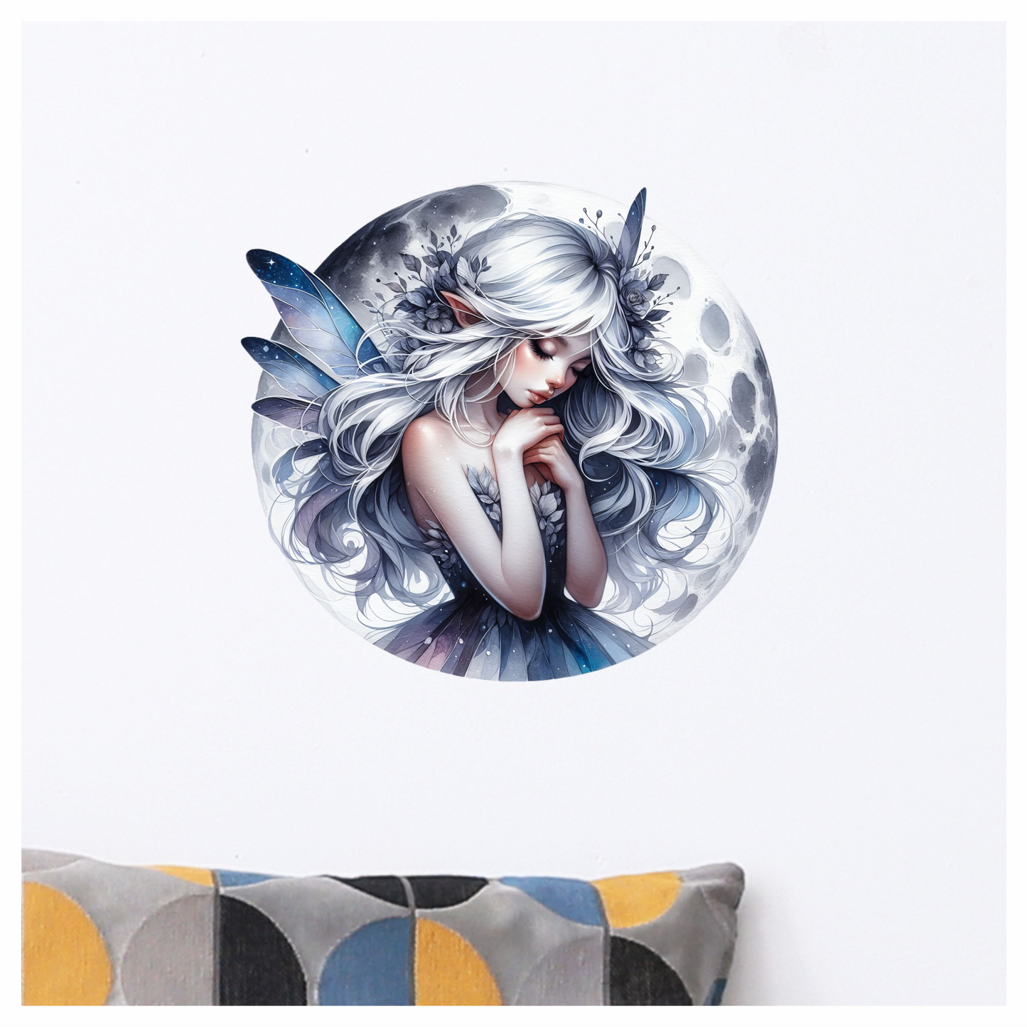 Moon Fairy Silver Hair Blue Wings Vinyl Sticker Decal