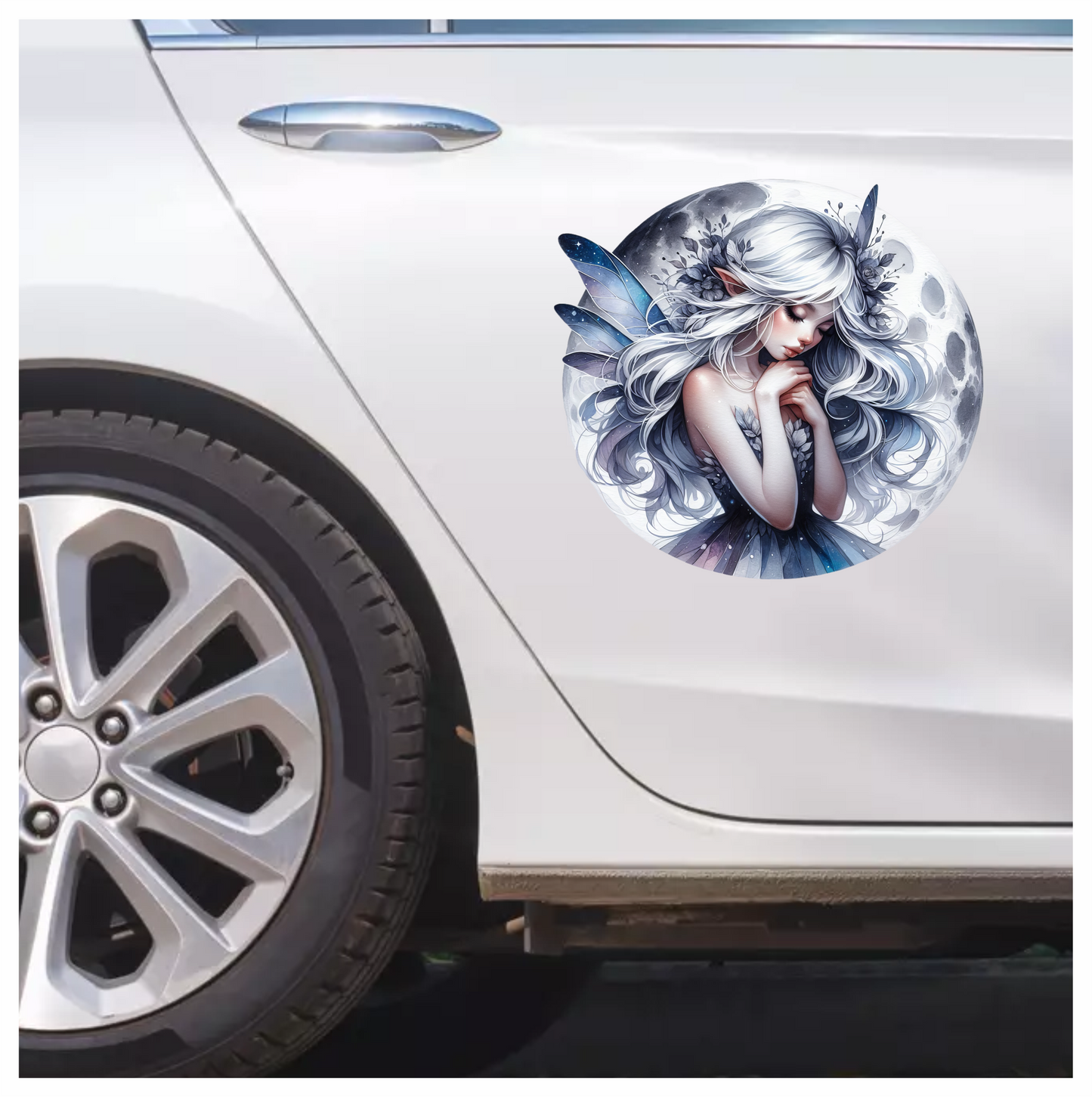 Moon Fairy Silver Hair Blue Wings Vinyl Sticker Decal