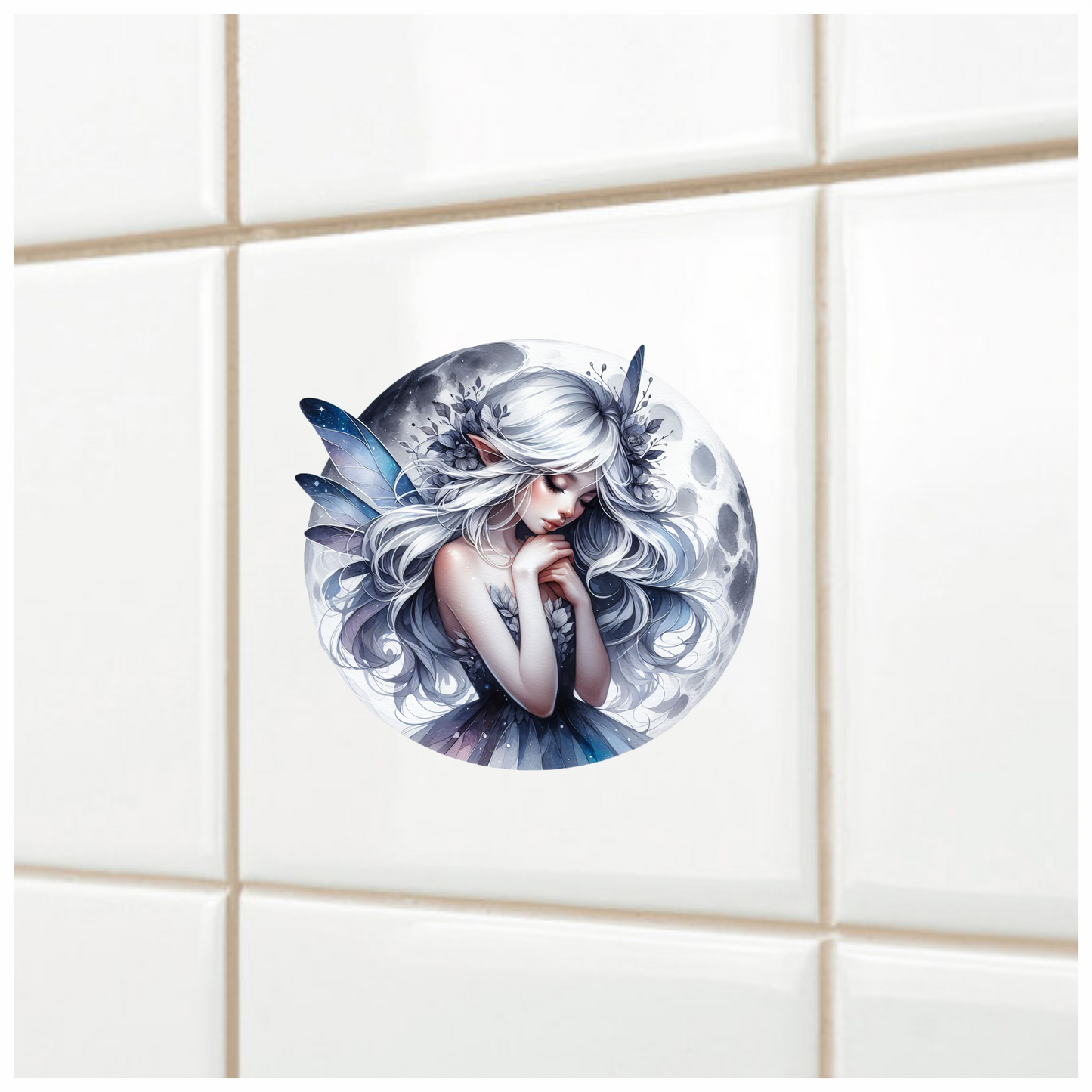 Moon Fairy Silver Hair Blue Wings Vinyl Sticker Decal