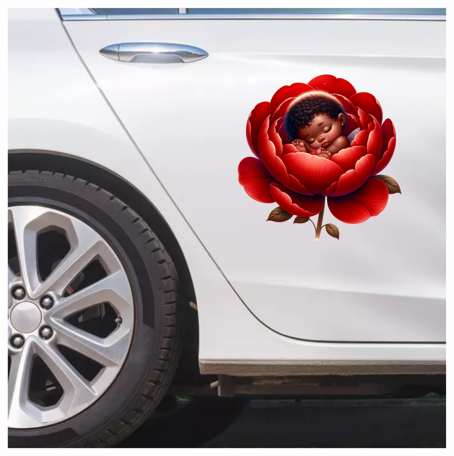 Baby Sleeping Red Flower Fairy Vinyl Sticker Decal
