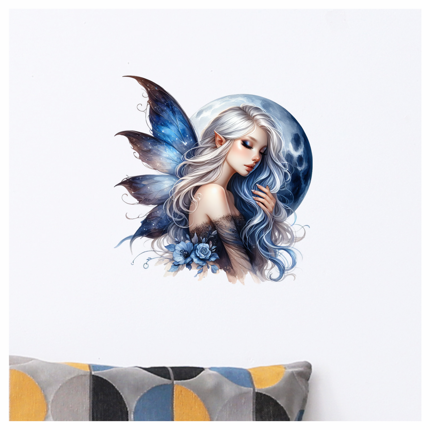 Blue Moon Fairy Woman Flowers Vinyl Sticker Decal