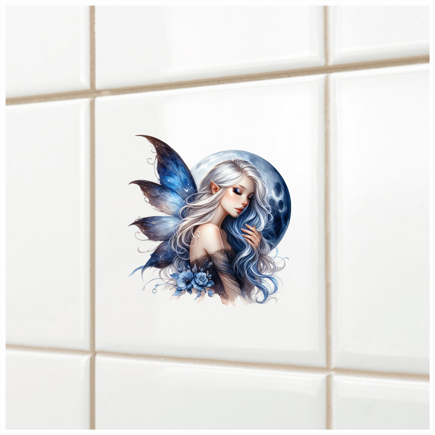 Blue Moon Fairy Woman Flowers Vinyl Sticker Decal