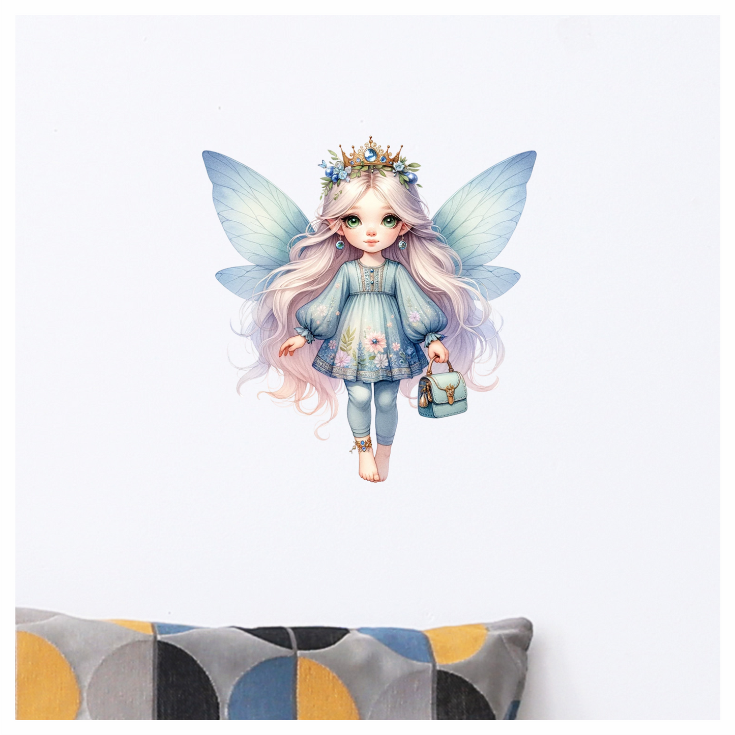 Fairy Girl Blue Wings Crown Bag Vinyl Sticker Decal
