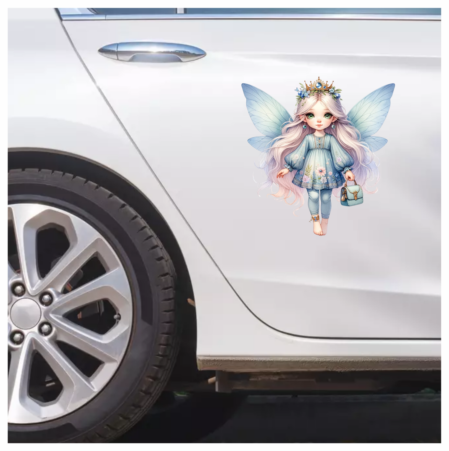 Fairy Girl Blue Wings Crown Bag Vinyl Sticker Decal