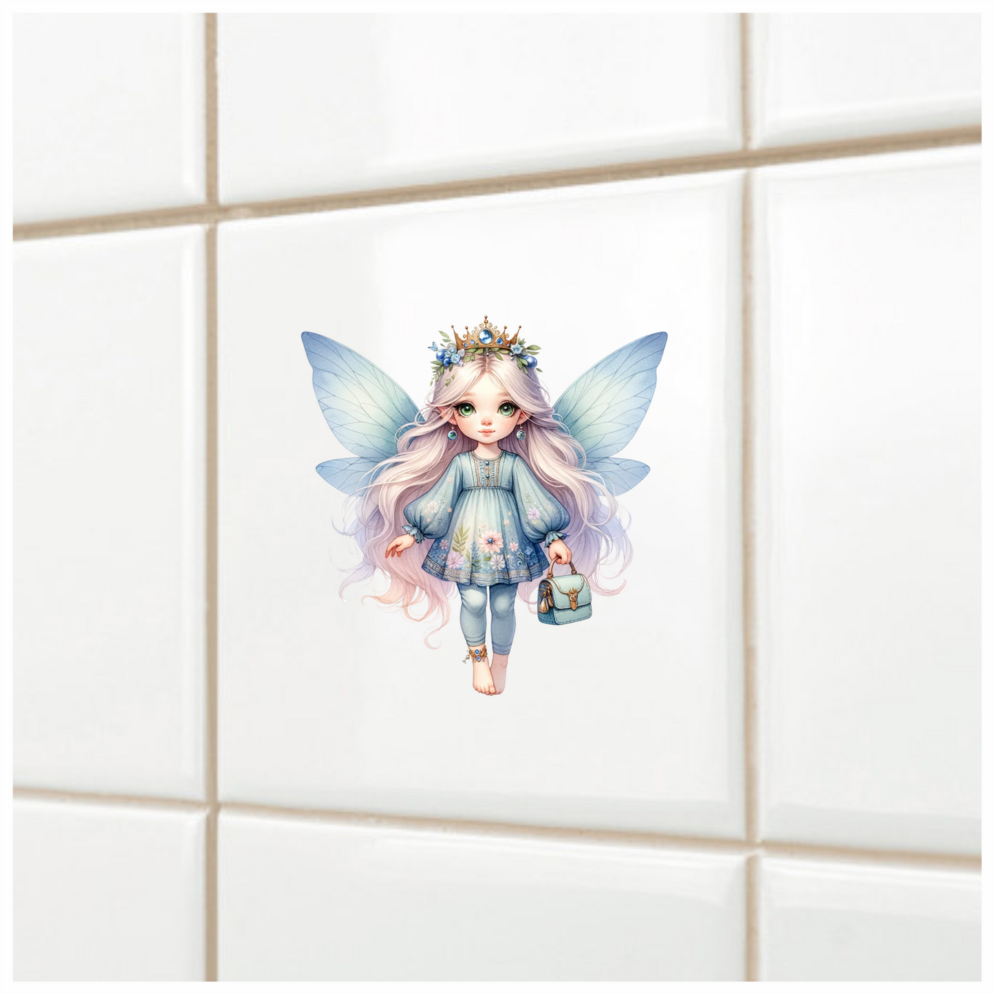Fairy Girl Blue Wings Crown Bag Vinyl Sticker Decal
