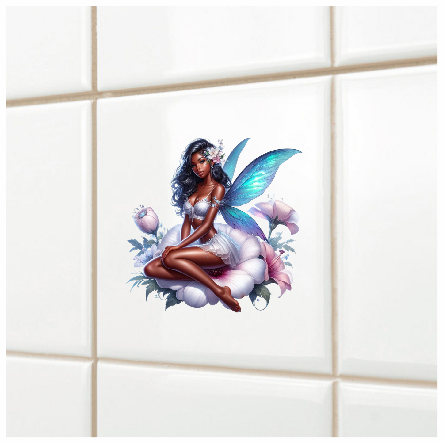 Fairy Blue Wings White Flower Vinyl Sticker Decal
