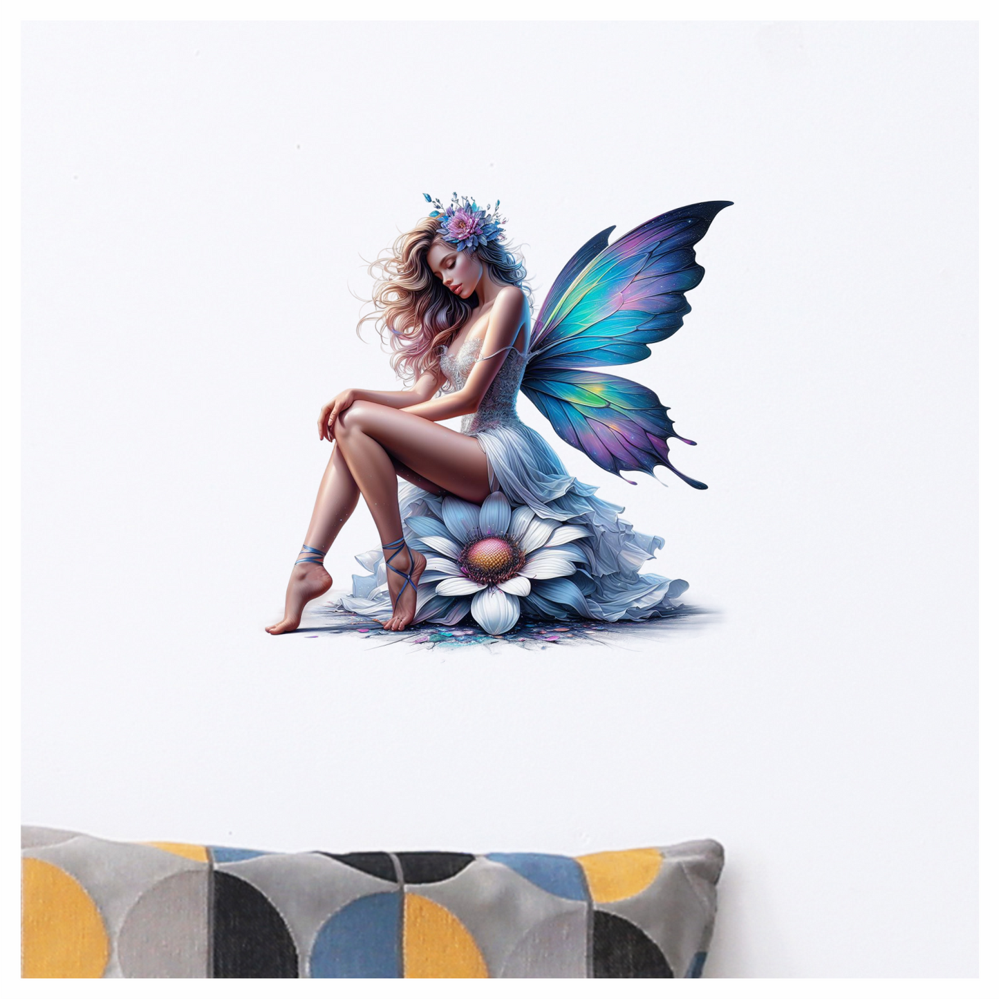 Fairy Blue Wings Flower White Dress Vinyl Sticker Decal