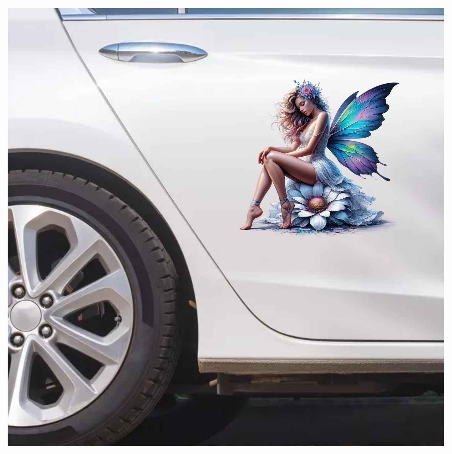 Fairy Blue Wings Flower White Dress Vinyl Sticker Decal
