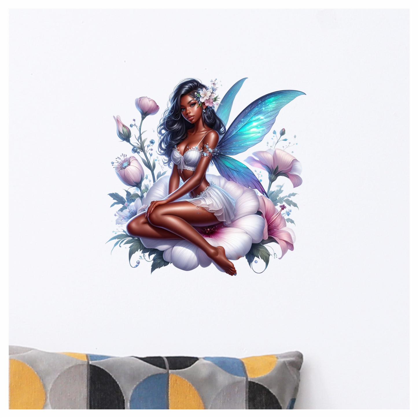 Fairy Woman Blue Wings Flowers Vinyl Sticker Decal