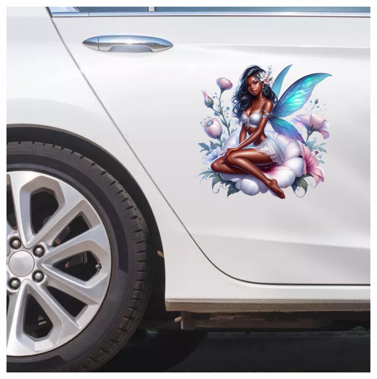 Fairy Woman Blue Wings Flowers Vinyl Sticker Decal