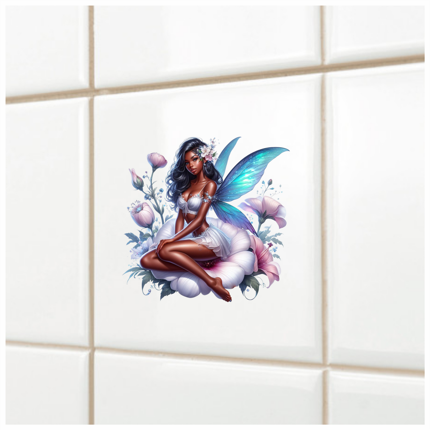 Fairy Woman Blue Wings Flowers Vinyl Sticker Decal