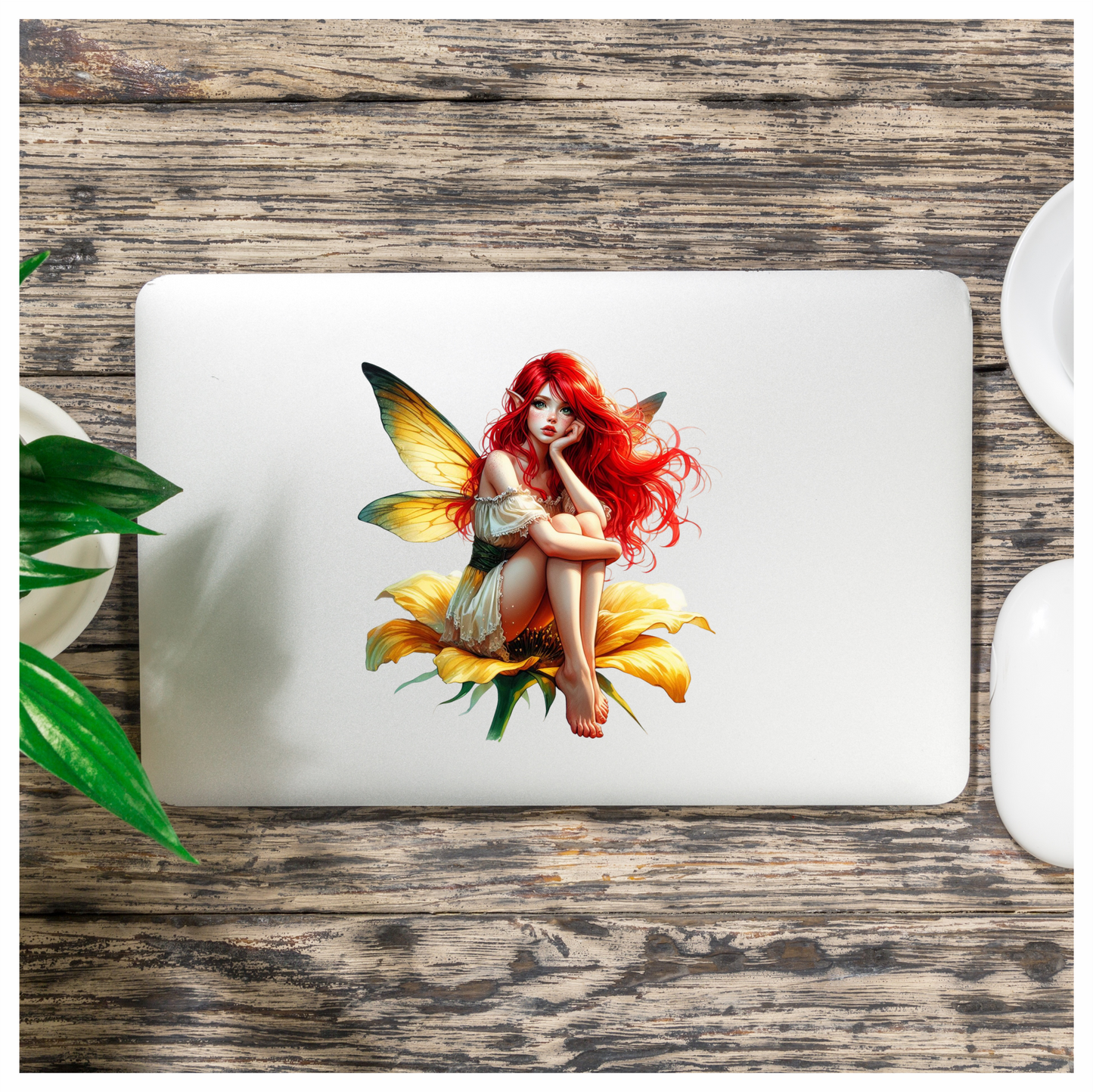 Red Fairy Yellow Flower Green Wings Vinyl Sticker Decal
