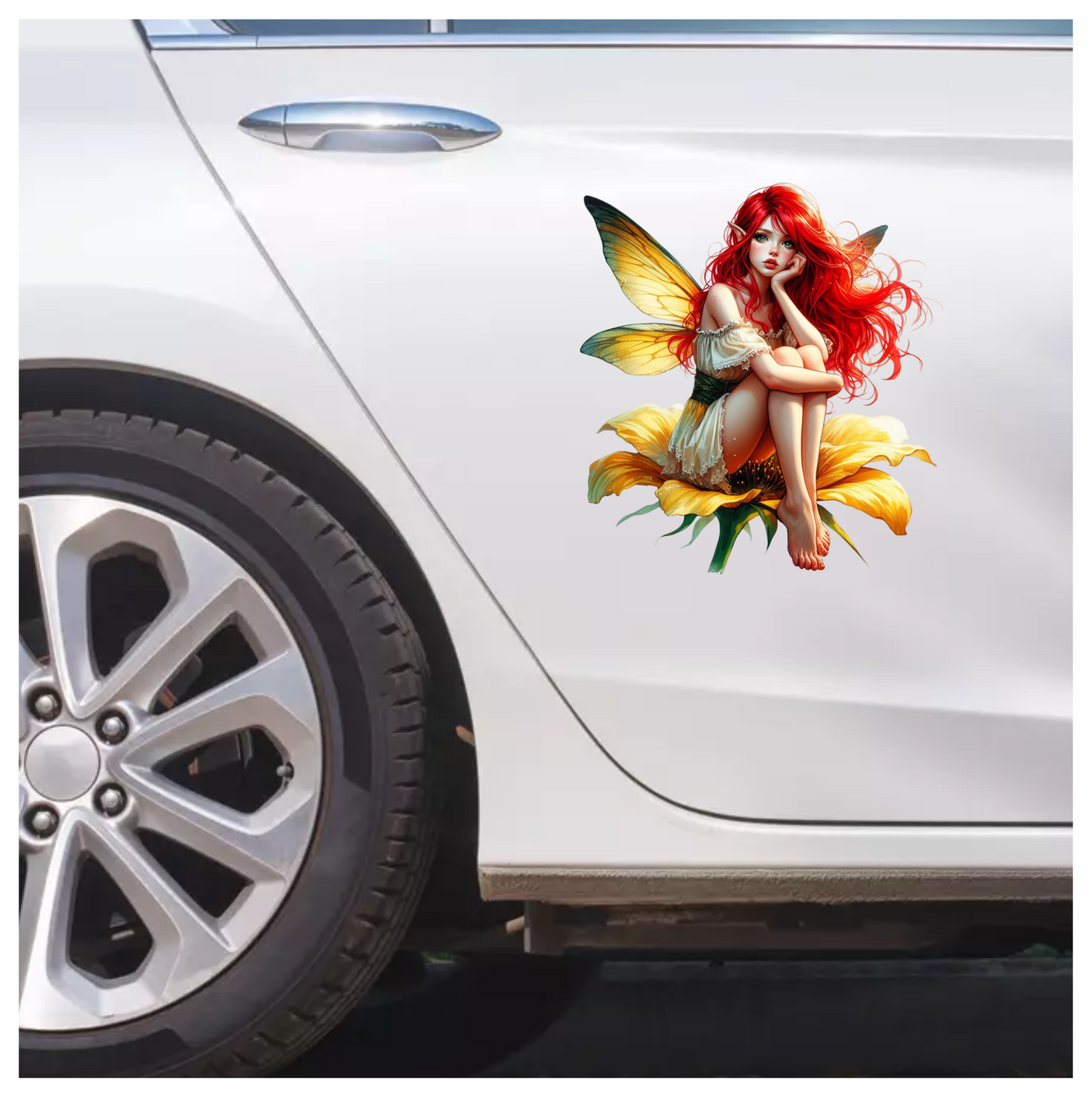 Red Fairy Yellow Flower Green Wings Vinyl Sticker Decal