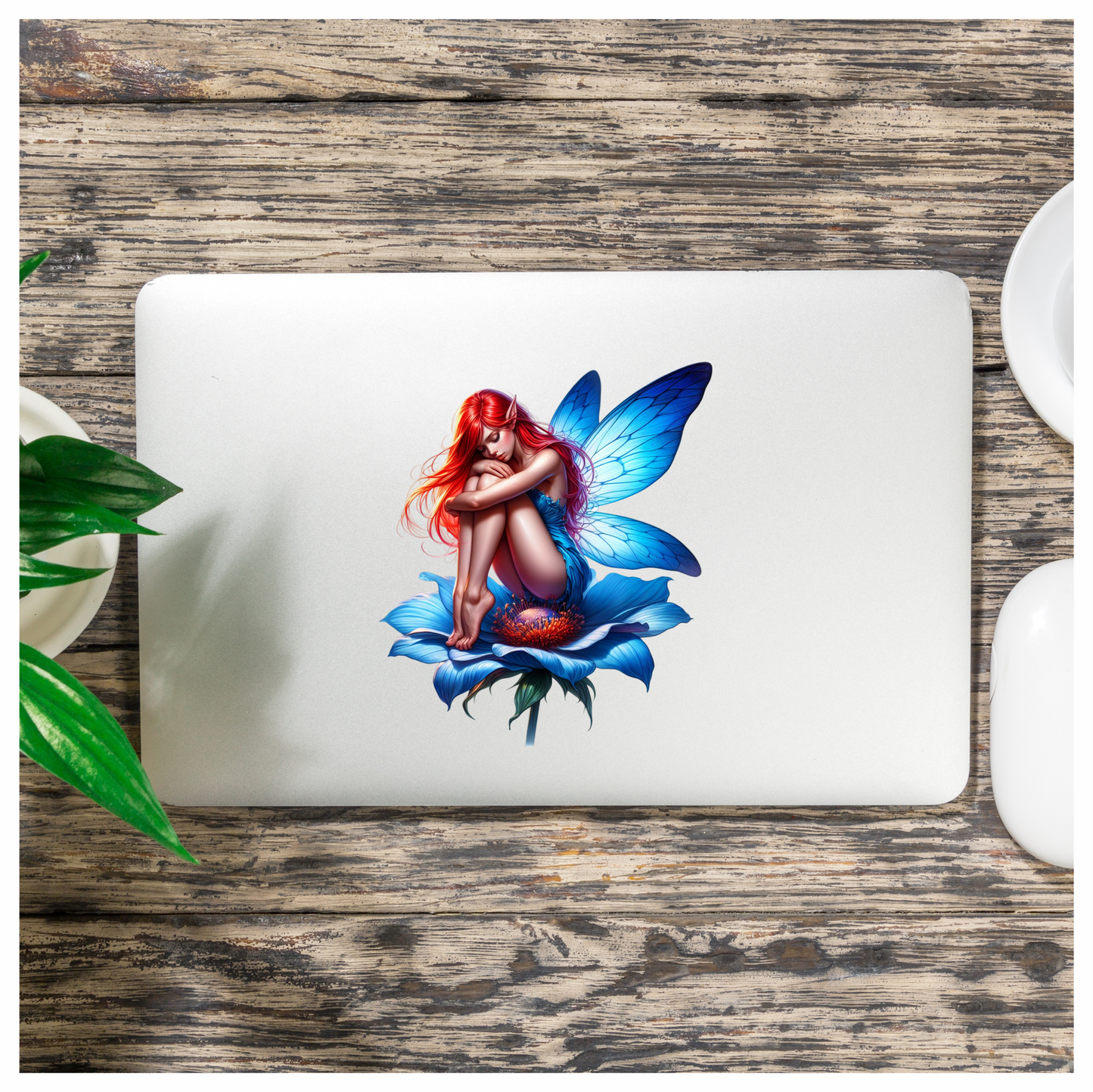 Red Fairy Sitting Blue Flower Vinyl Sticker Decal