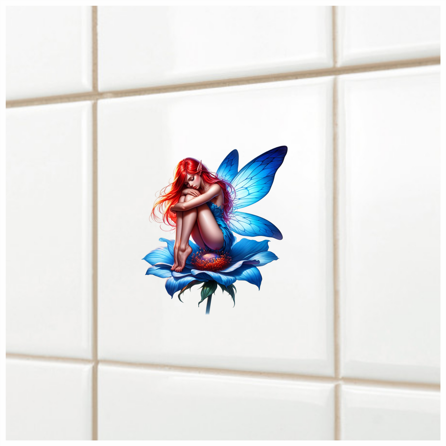 Red Fairy Sitting Blue Flower Vinyl Sticker Decal