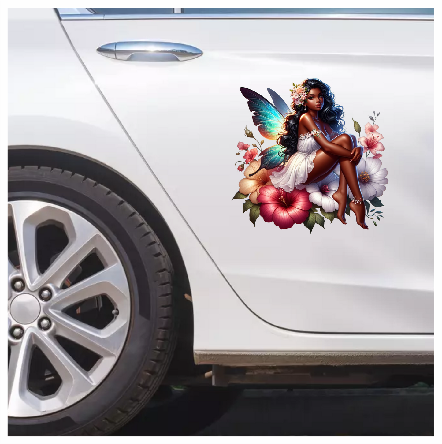 Fairy Dark Wings White Flowers Vinyl Sticker Decal
