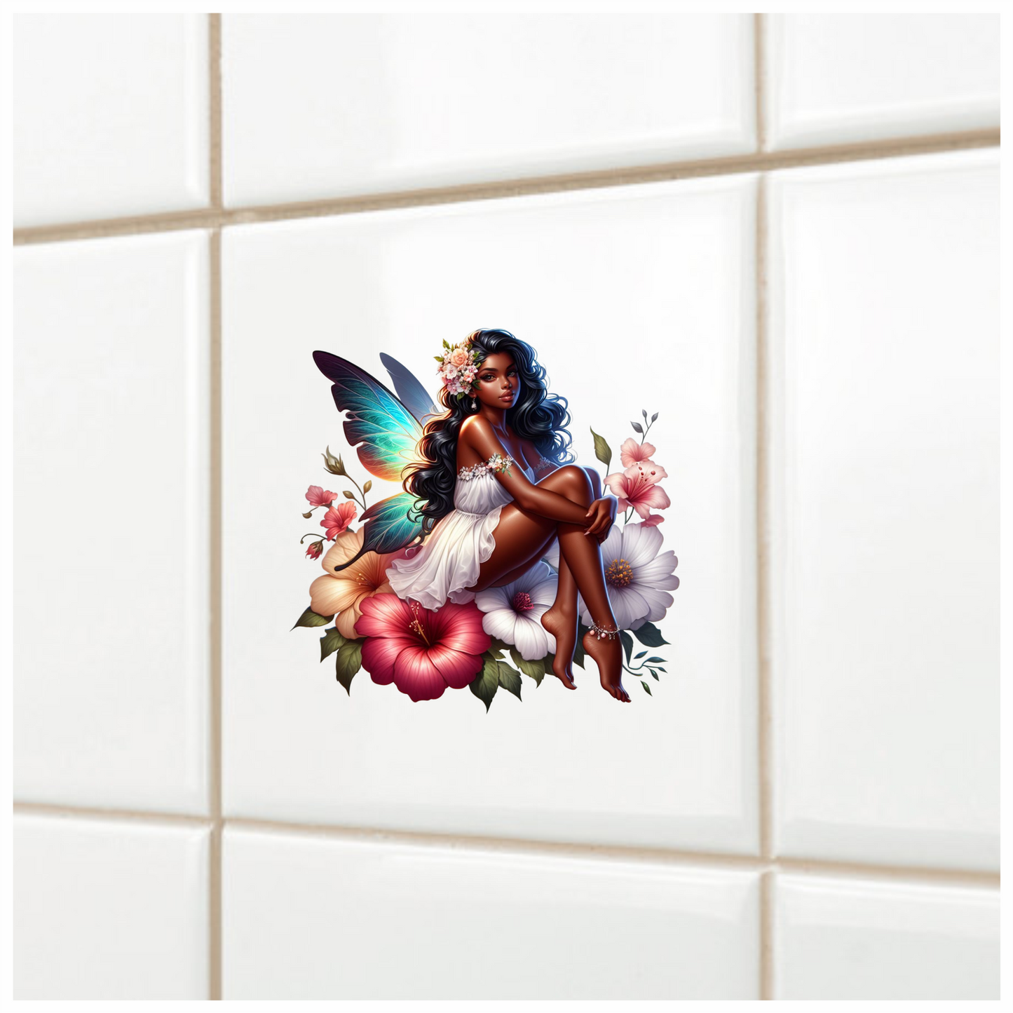 Fairy Dark Wings White Flowers Vinyl Sticker Decal
