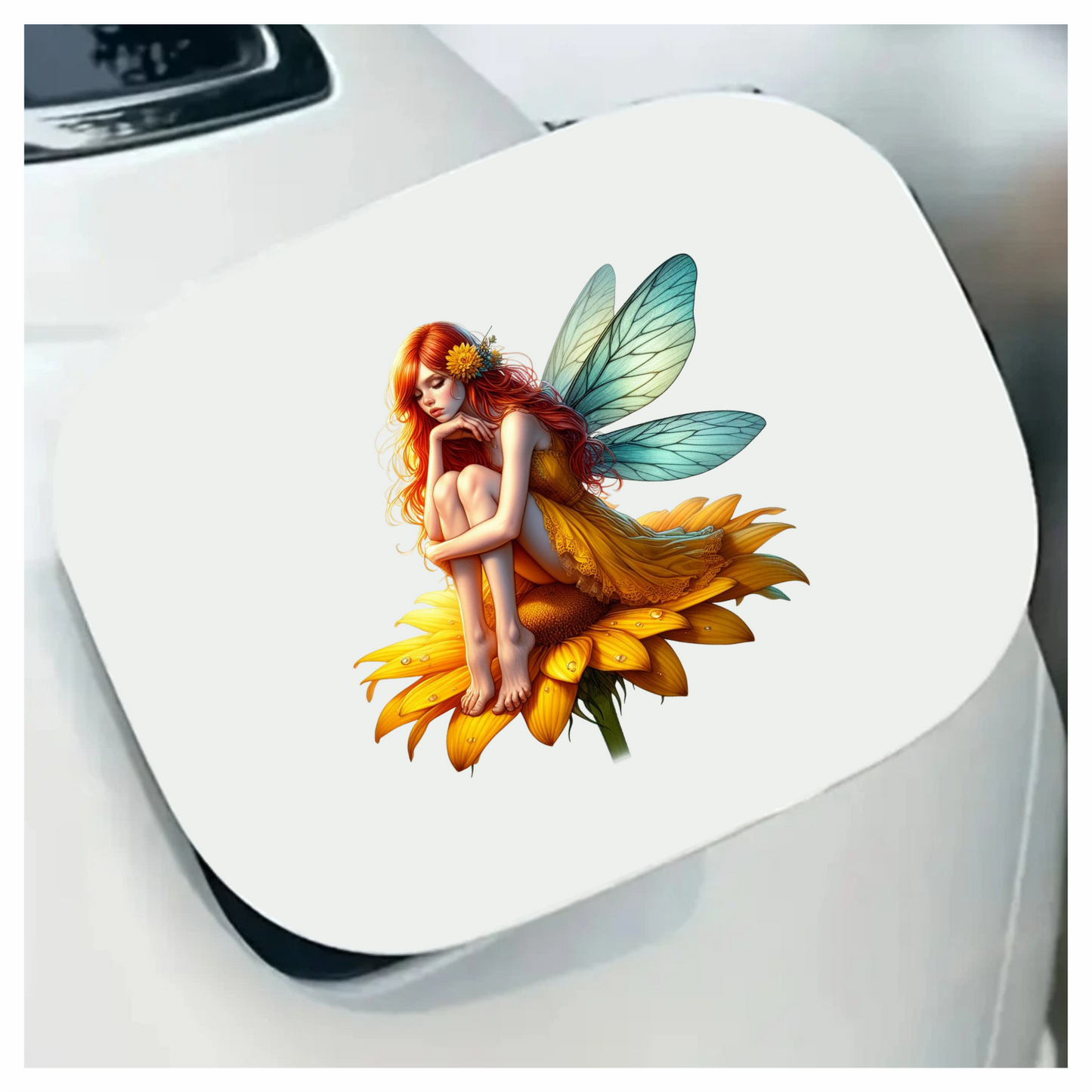 Red Fairy Sitting Flower Wings Yellow Vinyl Sticker Decal