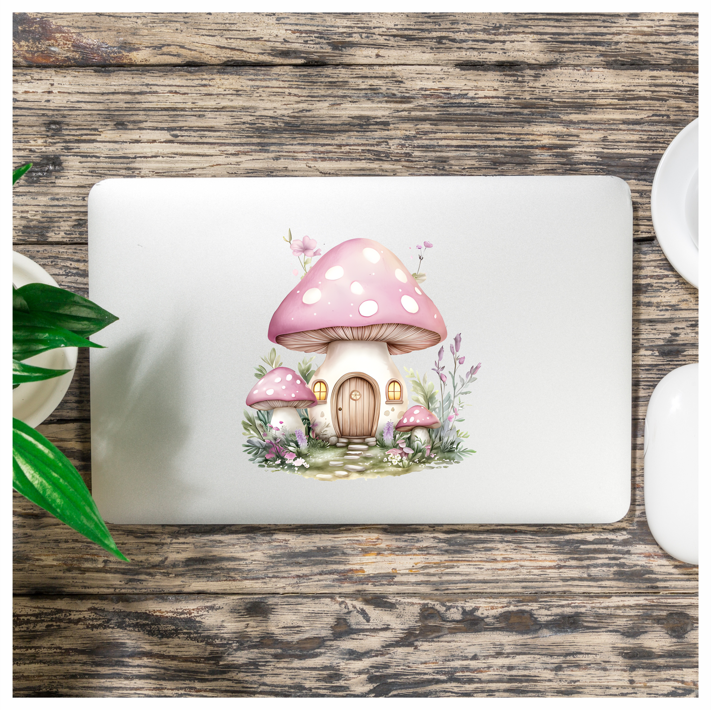 Pink Mushroom House Garden Flowers Vinyl Sticker Decal