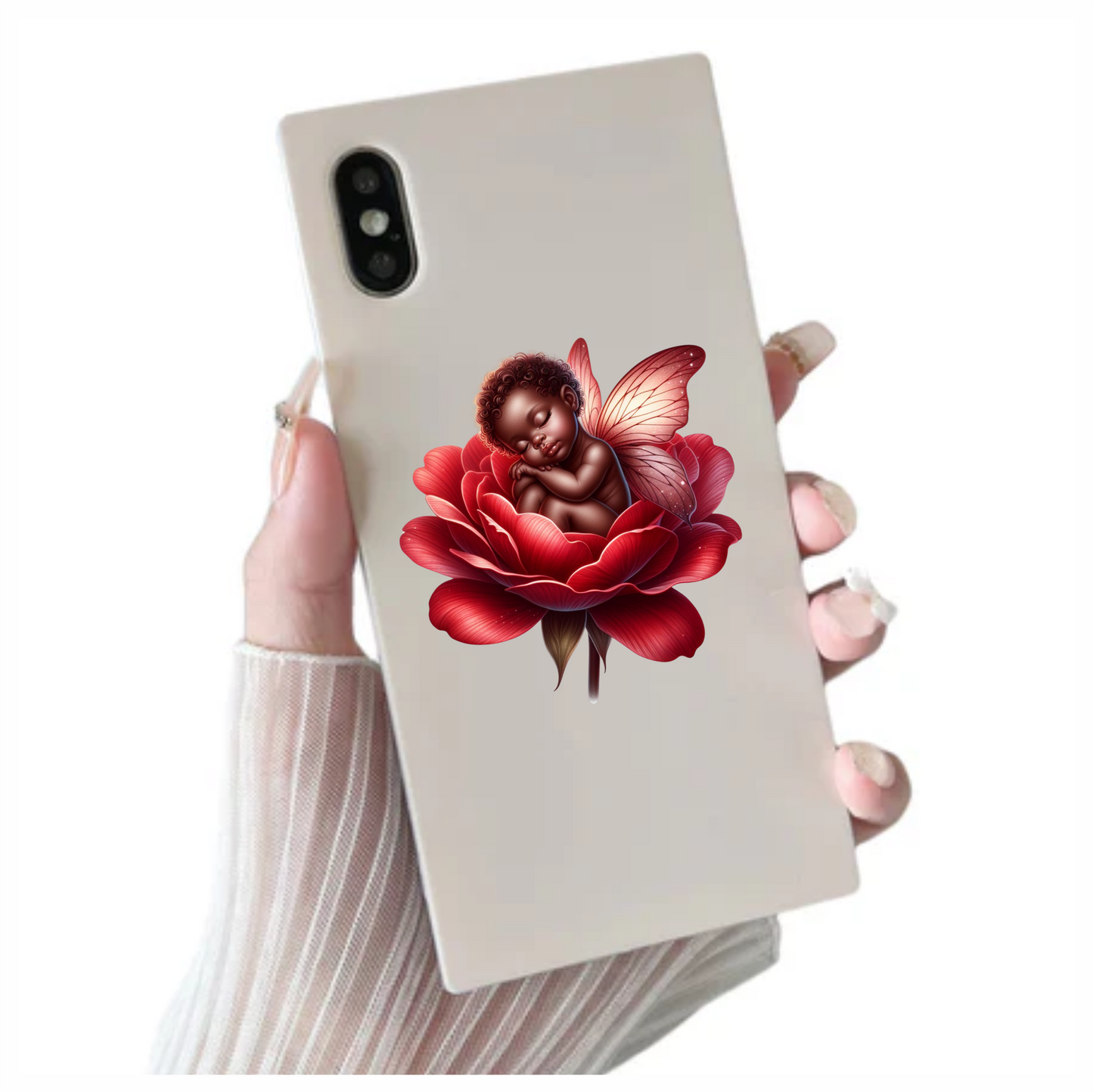 Baby Sleeping Red Flower Fairy Wings Vinyl Sticker Decal