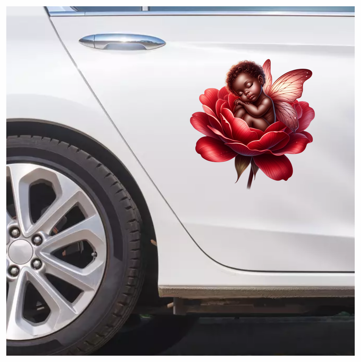 Baby Sleeping Red Flower Fairy Wings Vinyl Sticker Decal