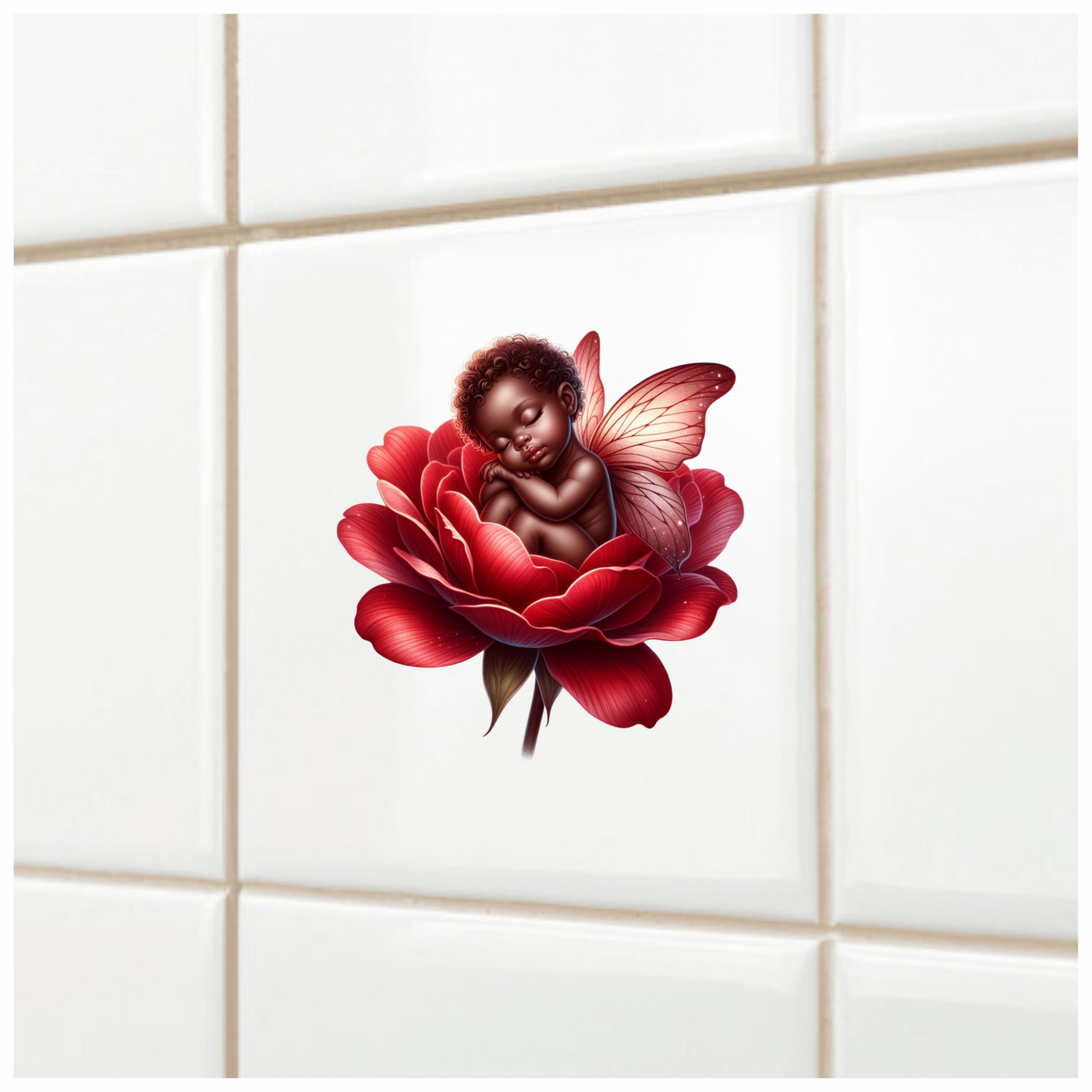 Baby Sleeping Red Flower Fairy Wings Vinyl Sticker Decal