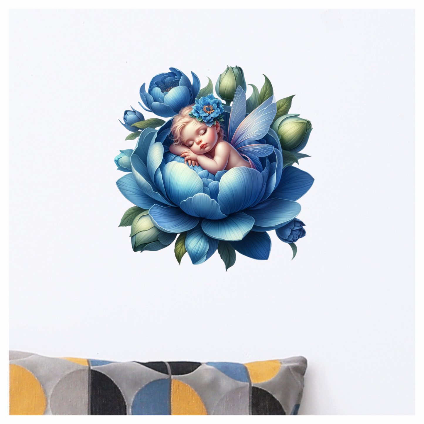 Baby Sleeping Blue Flower Fairy Wings Vinyl Sticker Decal