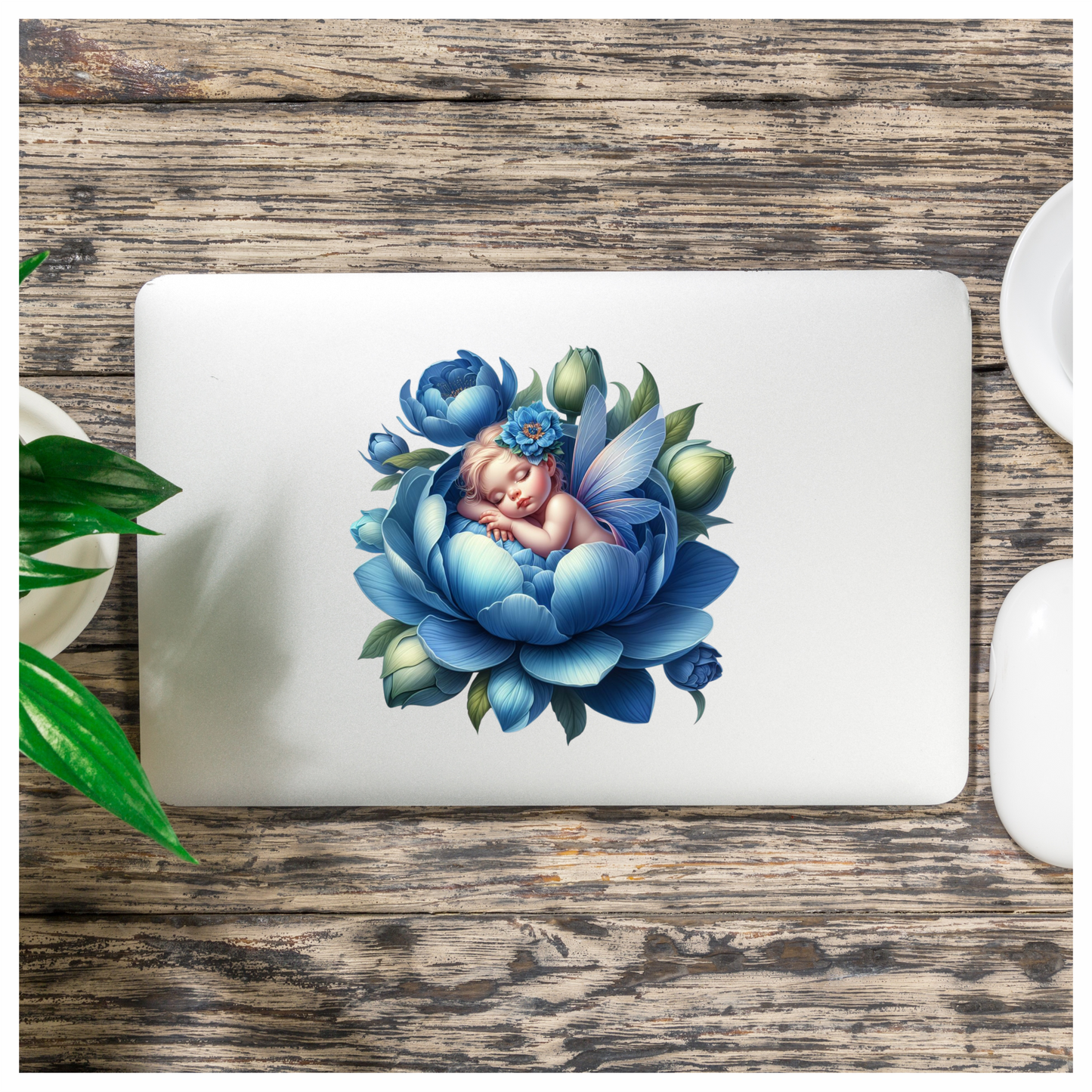 Baby Sleeping Blue Flower Fairy Wings Vinyl Sticker Decal