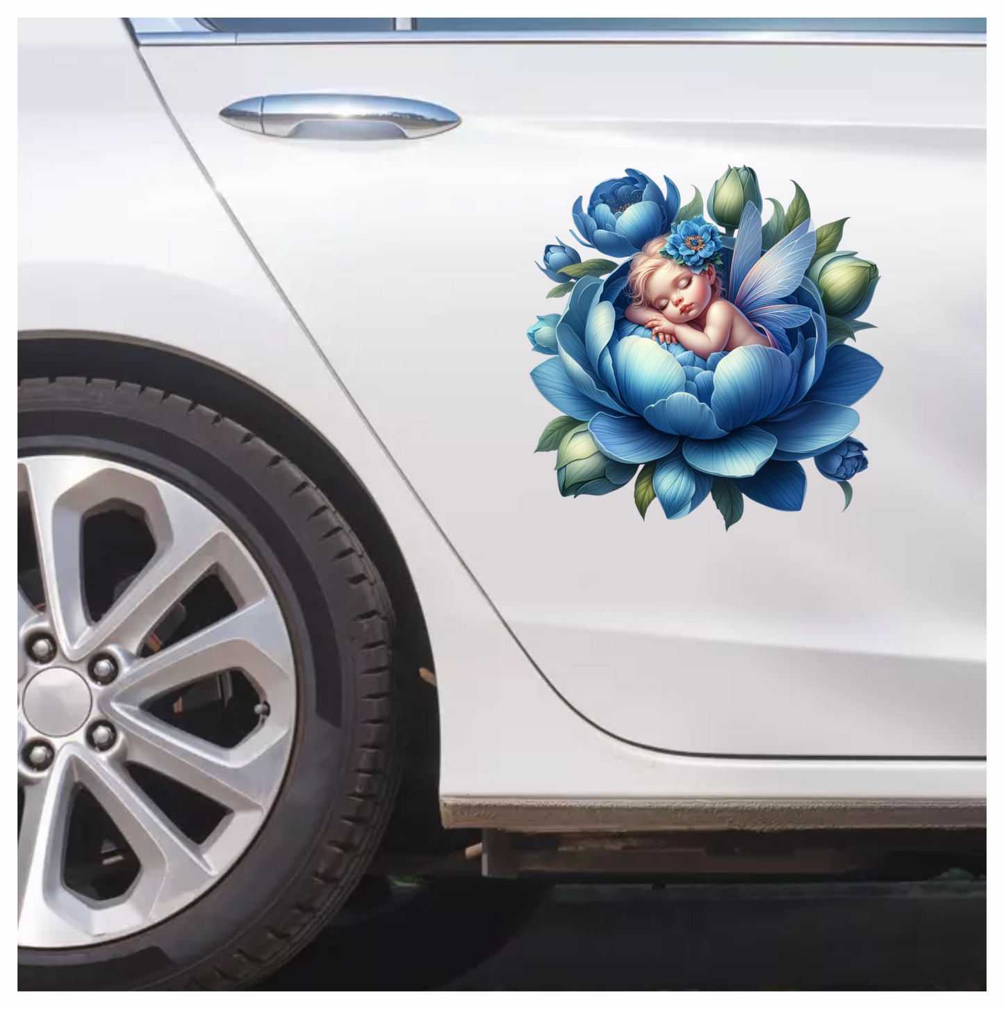 Baby Sleeping Blue Flower Fairy Wings Vinyl Sticker Decal