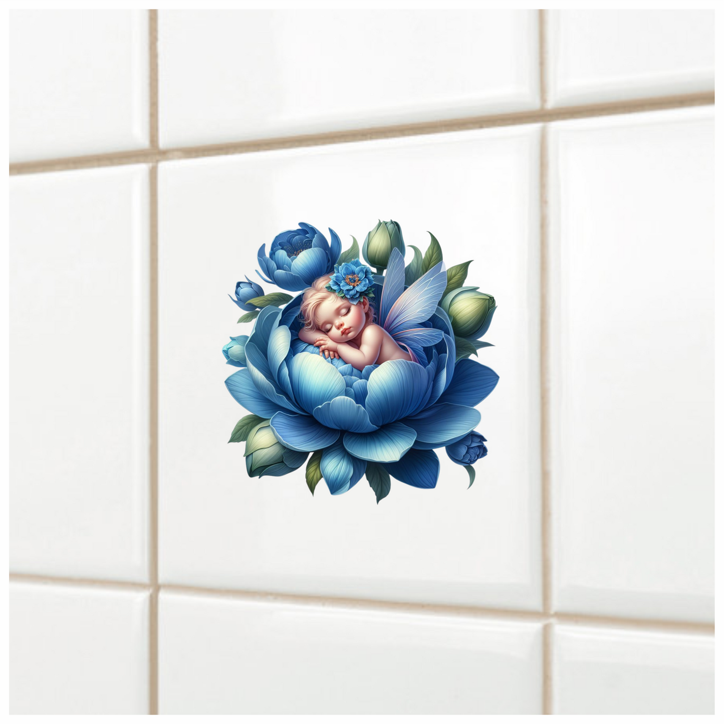 Baby Sleeping Blue Flower Fairy Wings Vinyl Sticker Decal