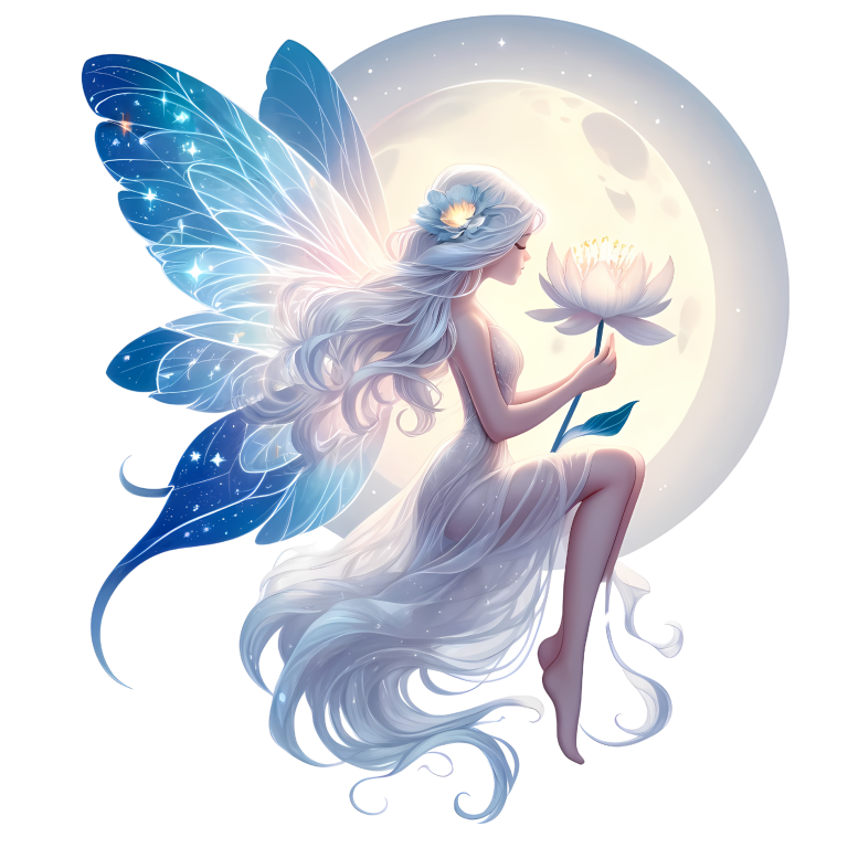 Fairy Moon White Flower Blue Wings Vinyl Sticker Decal