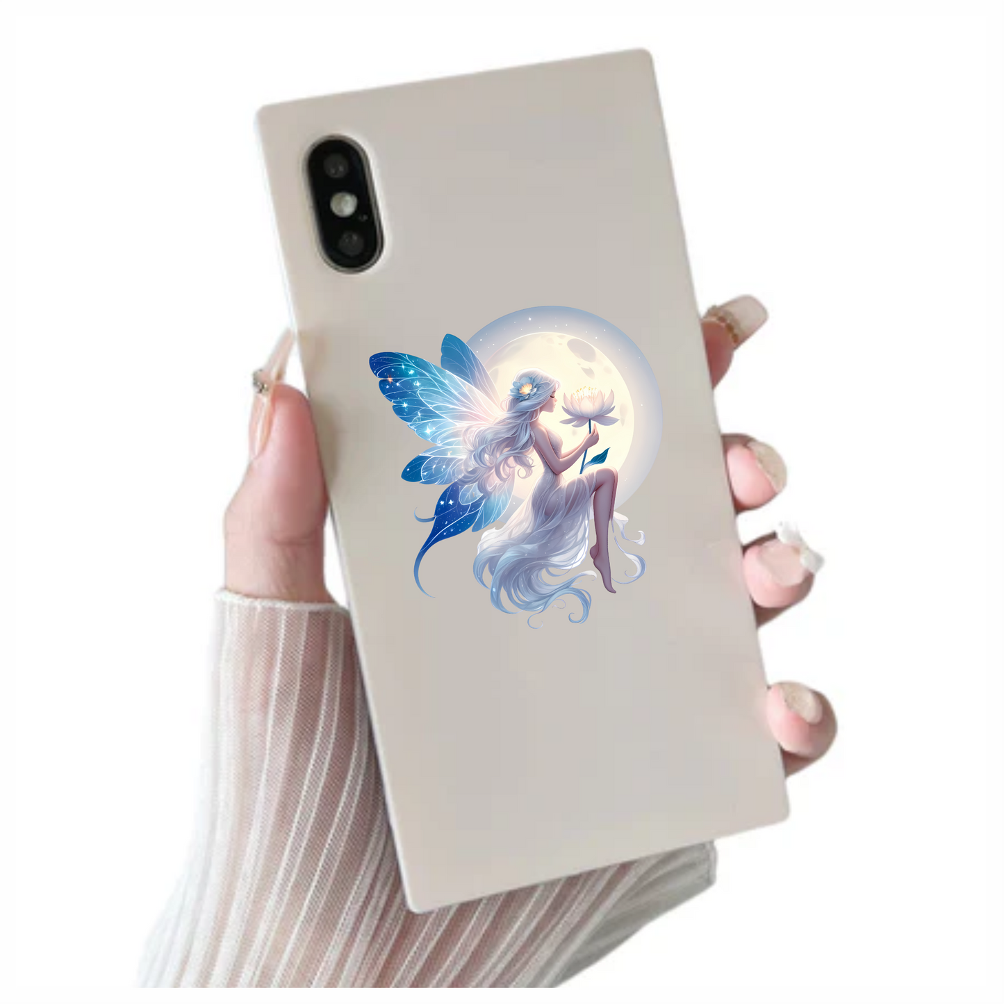 Fairy Moon White Flower Blue Wings Vinyl Sticker Decal