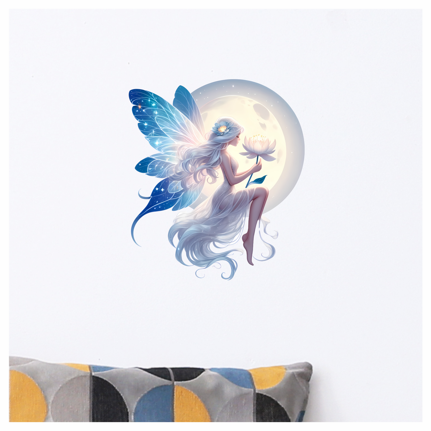 Fairy Moon White Flower Blue Wings Vinyl Sticker Decal