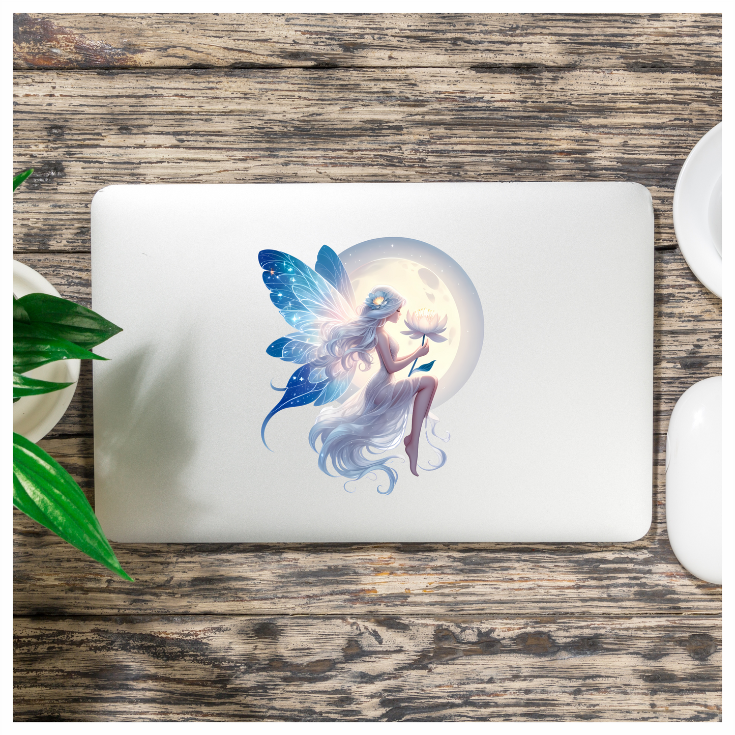Fairy Moon White Flower Blue Wings Vinyl Sticker Decal