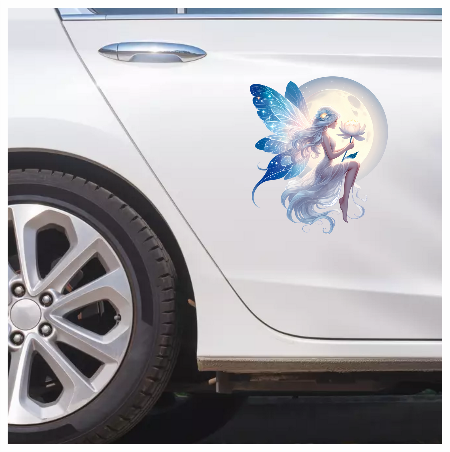 Fairy Moon White Flower Blue Wings Vinyl Sticker Decal