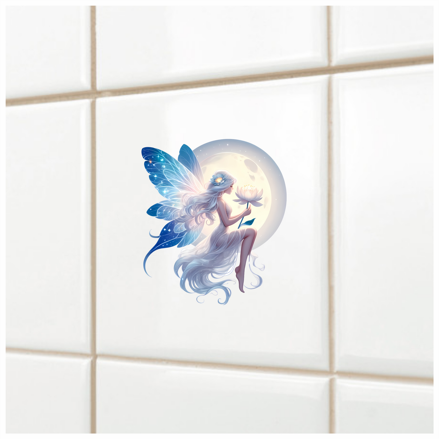 Fairy Moon White Flower Blue Wings Vinyl Sticker Decal