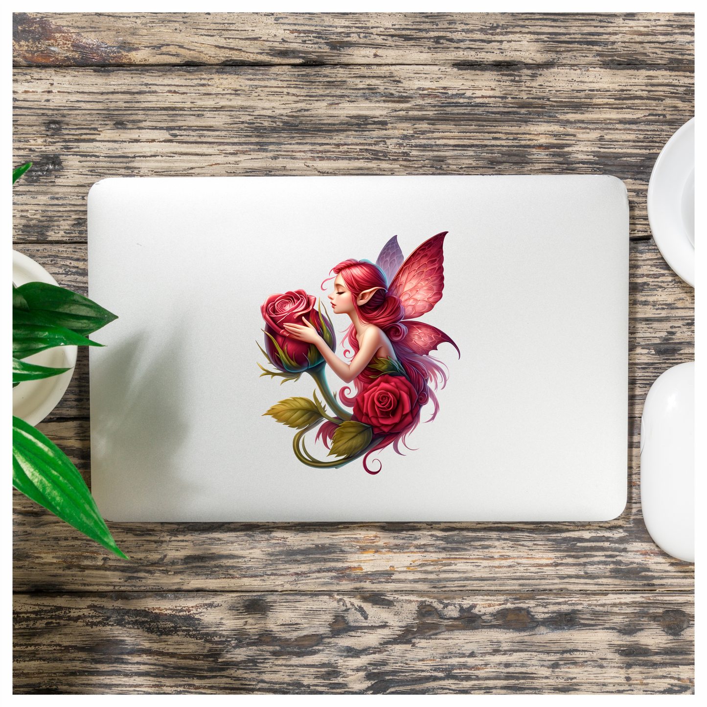 Pink Fairy Hugging Red Rose Vinyl Sticker Decal