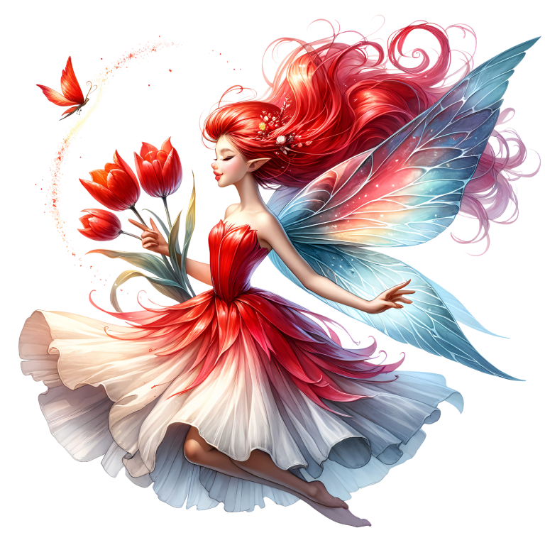 Red Fairy Holding Tulips Flying Butterfly Vinyl Sticker Decal