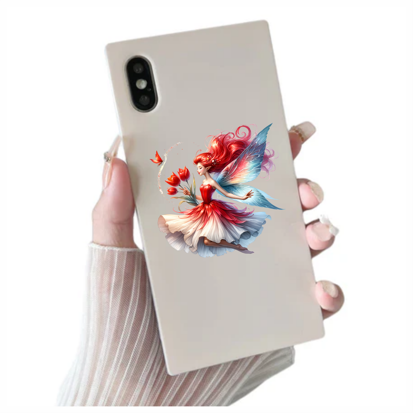 Red Fairy Holding Tulips Flying Butterfly Vinyl Sticker Decal