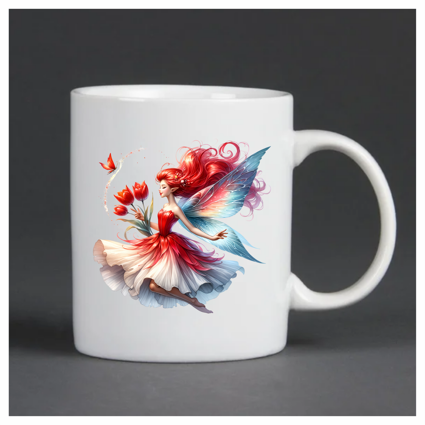 Red Fairy Holding Tulips Flying Butterfly Vinyl Sticker Decal