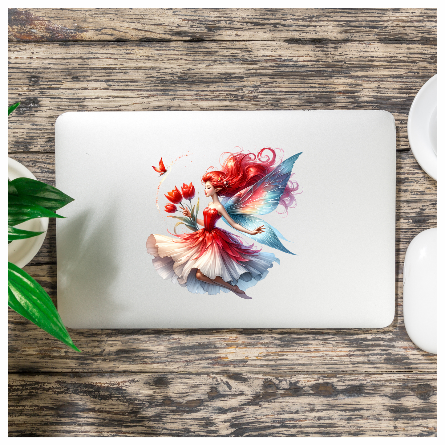 Red Fairy Holding Tulips Flying Butterfly Vinyl Sticker Decal