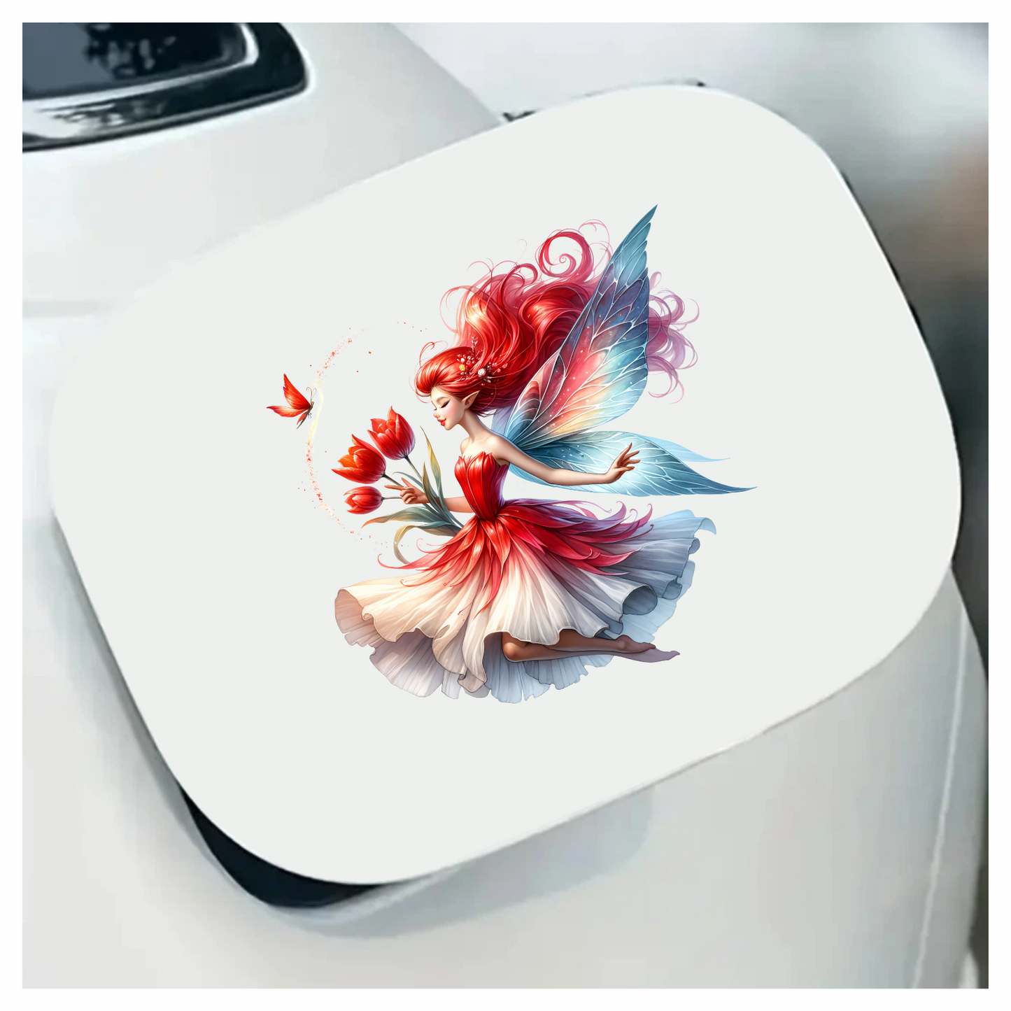 Red Fairy Holding Tulips Flying Butterfly Vinyl Sticker Decal