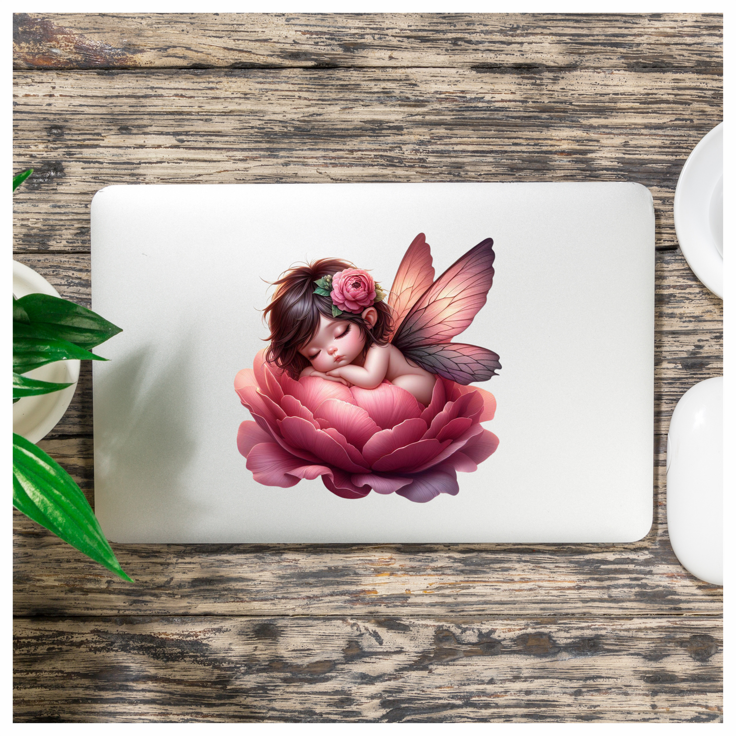 Sleeping Baby Fairy Pink Flower Vinyl Sticker Decal