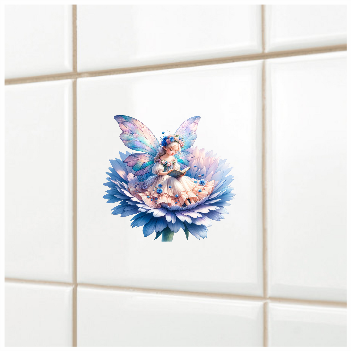 Fairy Reading Blue Flower Book Vinyl Sticker Decal