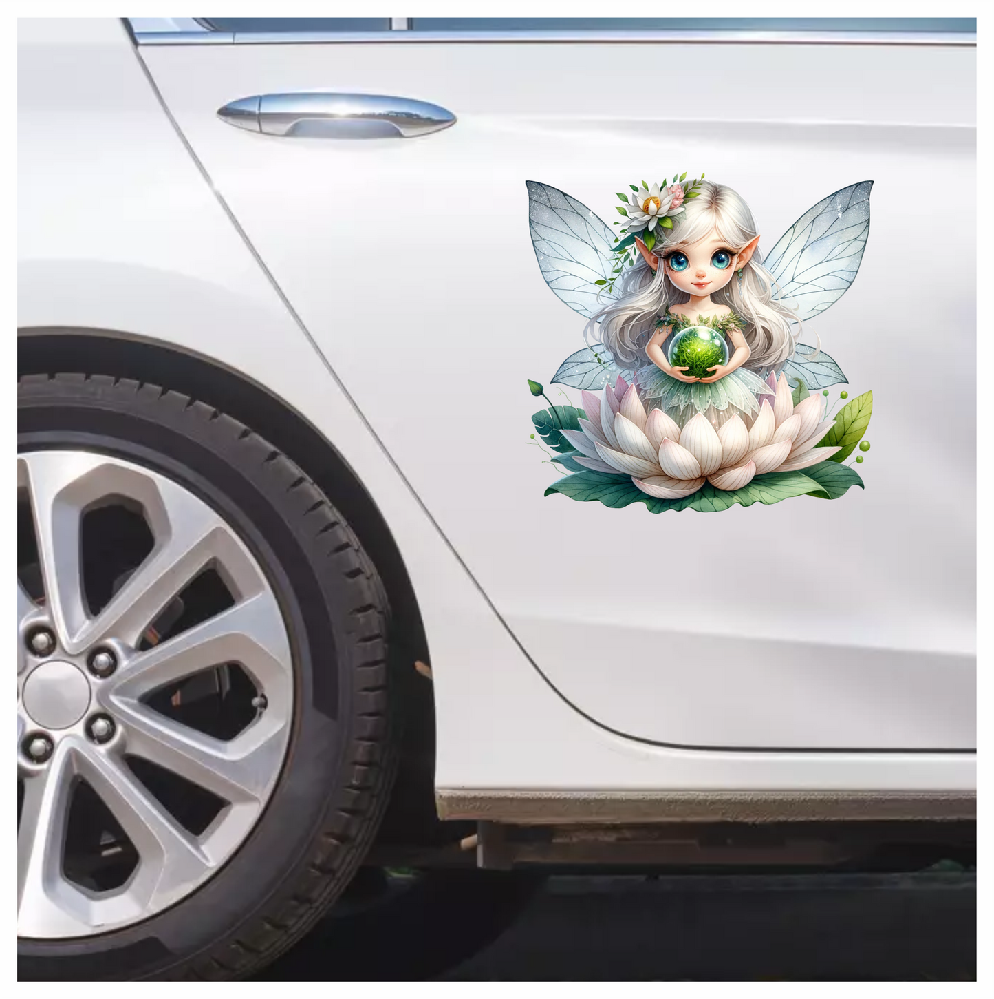 Fairy Silver Wings Green Orb Flower Vinyl Sticker Decal